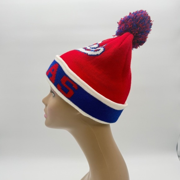 Texas Knit Pom Beanie Hat Red Blue Cuffed Winter Acrylic One Size Unisex Warm - Picture 6 of 7